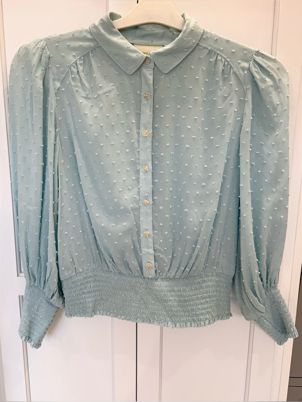 Maeve Anthropologie Light Blue Swiss Dot Smocked Waist Collared Blouse XS